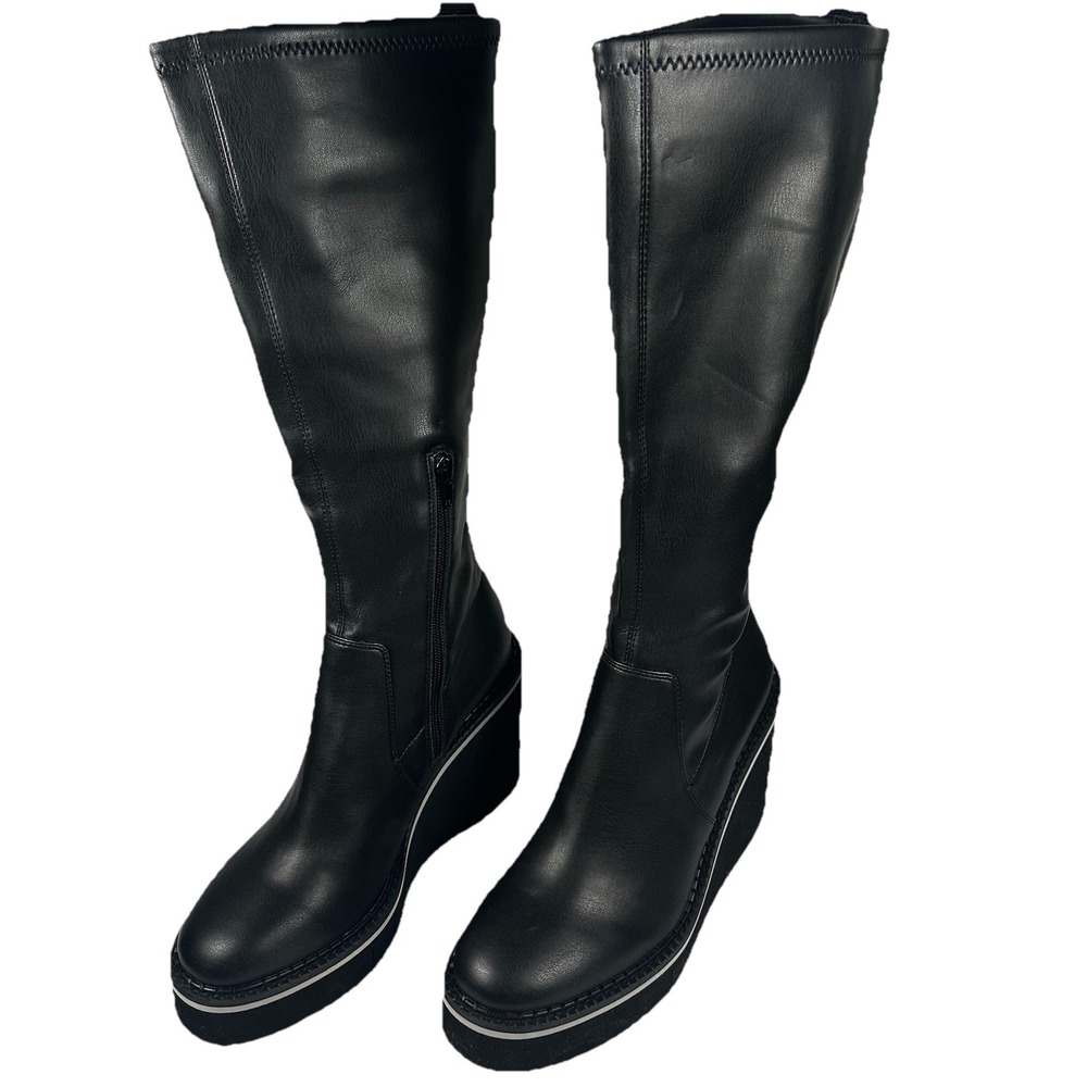 Naked Feet Apex Wedge Knee-high Boots Black‎ Faux Leather Size 9 Women's EUC